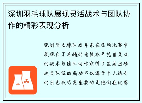 深圳羽毛球队展现灵活战术与团队协作的精彩表现分析